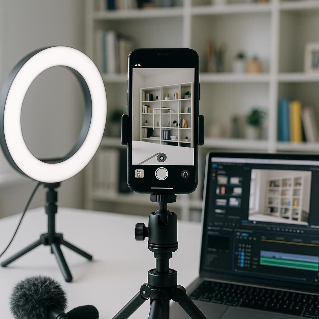 Smartphone auf stabilem Stativ mit Ringlicht, Mikrofon und Laptop in einem gut beleuchteten Büro, hinter hellen Regalen mit kreativen Utensilien, aufgenommen von Tobias Hager für 404 Magazine.