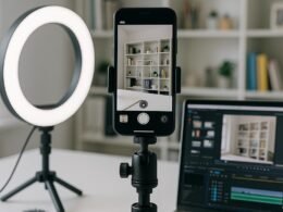 Smartphone auf stabilem Stativ mit Ringlicht, Mikrofon und Laptop in einem gut beleuchteten Büro, hinter hellen Regalen mit kreativen Utensilien, aufgenommen von Tobias Hager für 404 Magazine.