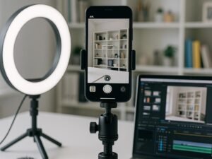 Smartphone auf stabilem Stativ mit Ringlicht, Mikrofon und Laptop in einem gut beleuchteten Büro, hinter hellen Regalen mit kreativen Utensilien, aufgenommen von Tobias Hager für 404 Magazine.