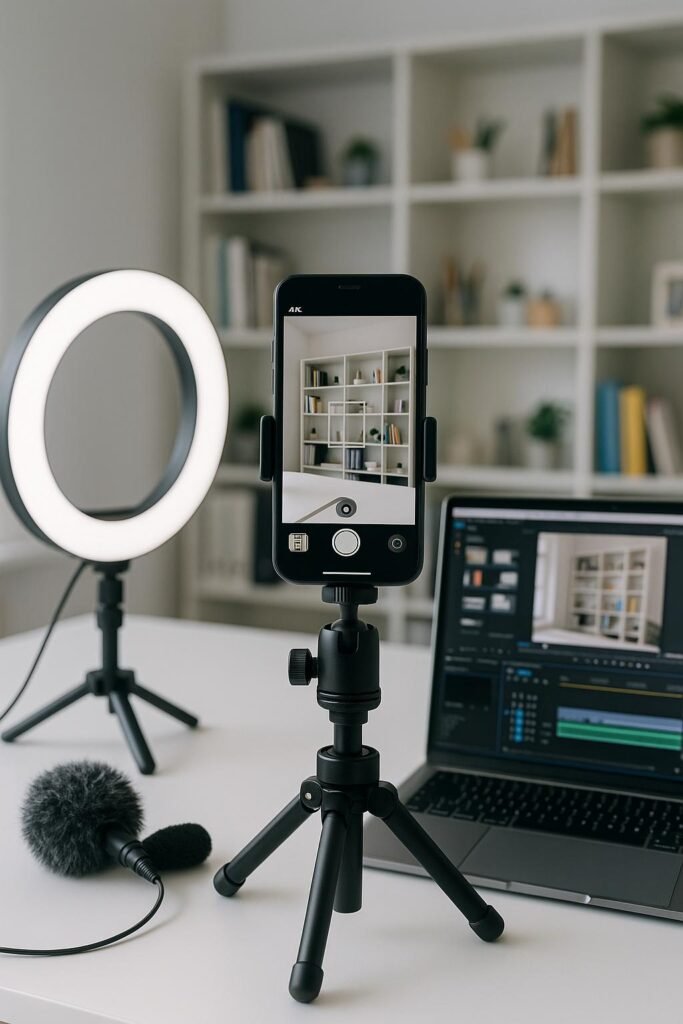 Smartphone auf stabilem Stativ mit Ringlicht, Mikrofon und Laptop in einem gut beleuchteten Büro, hinter hellen Regalen mit kreativen Utensilien, aufgenommen von Tobias Hager für 404 Magazine.