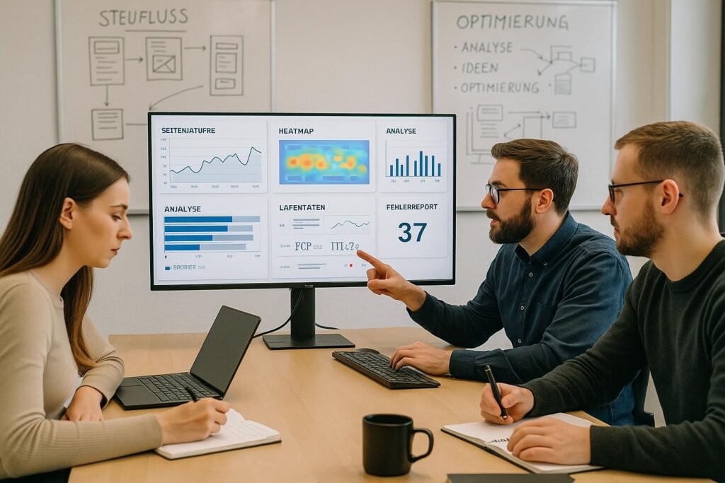 Team in moderner SEO-Arbeitsumgebung mit großen Bildschirm, Diagrammen, Heatmaps und Whiteboards im Hintergrund, bei konzentrierter Zusammenarbeit.