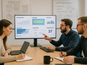 Team in moderner SEO-Arbeitsumgebung mit großen Bildschirm, Diagrammen, Heatmaps und Whiteboards im Hintergrund, bei konzentrierter Zusammenarbeit.