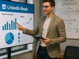 Junger Sales-Experte in trendiger Business-Casual-Kleidung zeigt auf einen großen Bildschirm mit LinkedIn Reels Erfolgsmessung, im Hintergrund Whiteboard mit Skizzen, modernes Büroambiente.