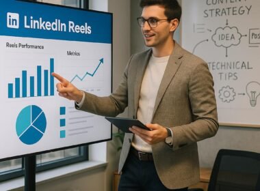 Junger Sales-Experte in trendiger Business-Casual-Kleidung zeigt auf einen großen Bildschirm mit LinkedIn Reels Erfolgsmessung, im Hintergrund Whiteboard mit Skizzen, modernes Büroambiente.
