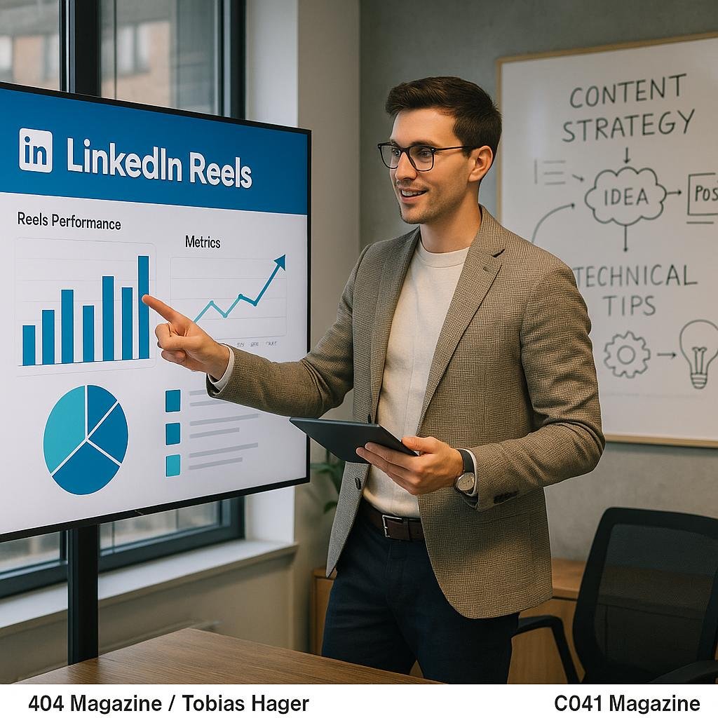 Junger Sales-Experte in trendiger Business-Casual-Kleidung zeigt auf einen großen Bildschirm mit LinkedIn Reels Erfolgsmessung, im Hintergrund Whiteboard mit Skizzen, modernes Büroambiente.