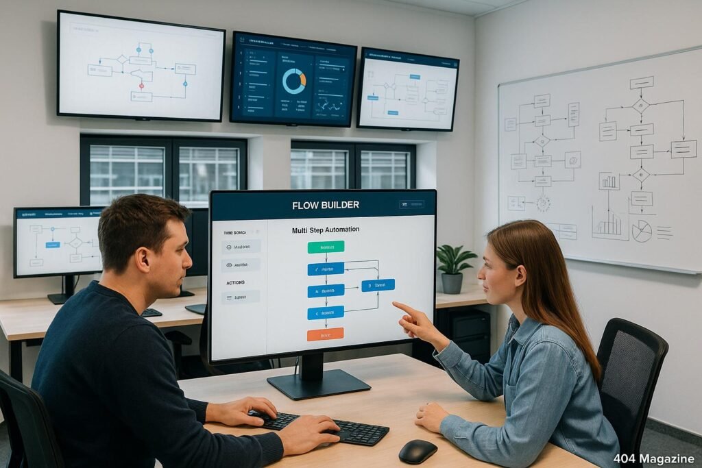 Modernes Büro mit mehreren Monitoren, auf denen Automatisierungs-Dashboards angezeigt werden, und einem Nutzer beim Gestalten eines Flow-Builders, im Hintergrund Whiteboards mit Flussdiagrammen. Credit: 404 Magazine (Tobias Hager).