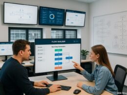 Modernes Büro mit mehreren Monitoren, auf denen Automatisierungs-Dashboards angezeigt werden, und einem Nutzer beim Gestalten eines Flow-Builders, im Hintergrund Whiteboards mit Flussdiagrammen. Credit: 404 Magazine (Tobias Hager).