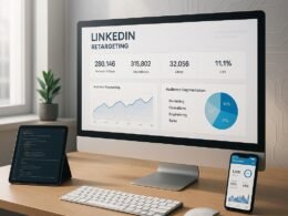 Moderner Arbeitsplatz mit Computer, Tablet und Smartphone, die Marketingdaten und Code-Snippets anzeigen, im Hintergrund minimalistisches Design mit technologischem Akzent.