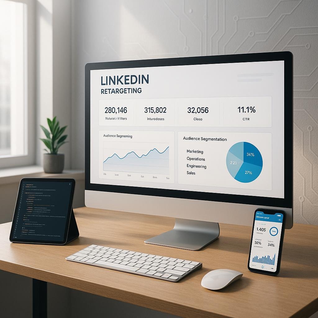 Moderner Arbeitsplatz mit Computer, Tablet und Smartphone, die Marketingdaten und Code-Snippets anzeigen, im Hintergrund minimalistisches Design mit technologischem Akzent.