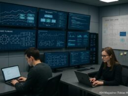 Modernes Control Room für Webanalyse mit mehreren Monitoren, Entwicklern, Marketers und technischer Ausstattung