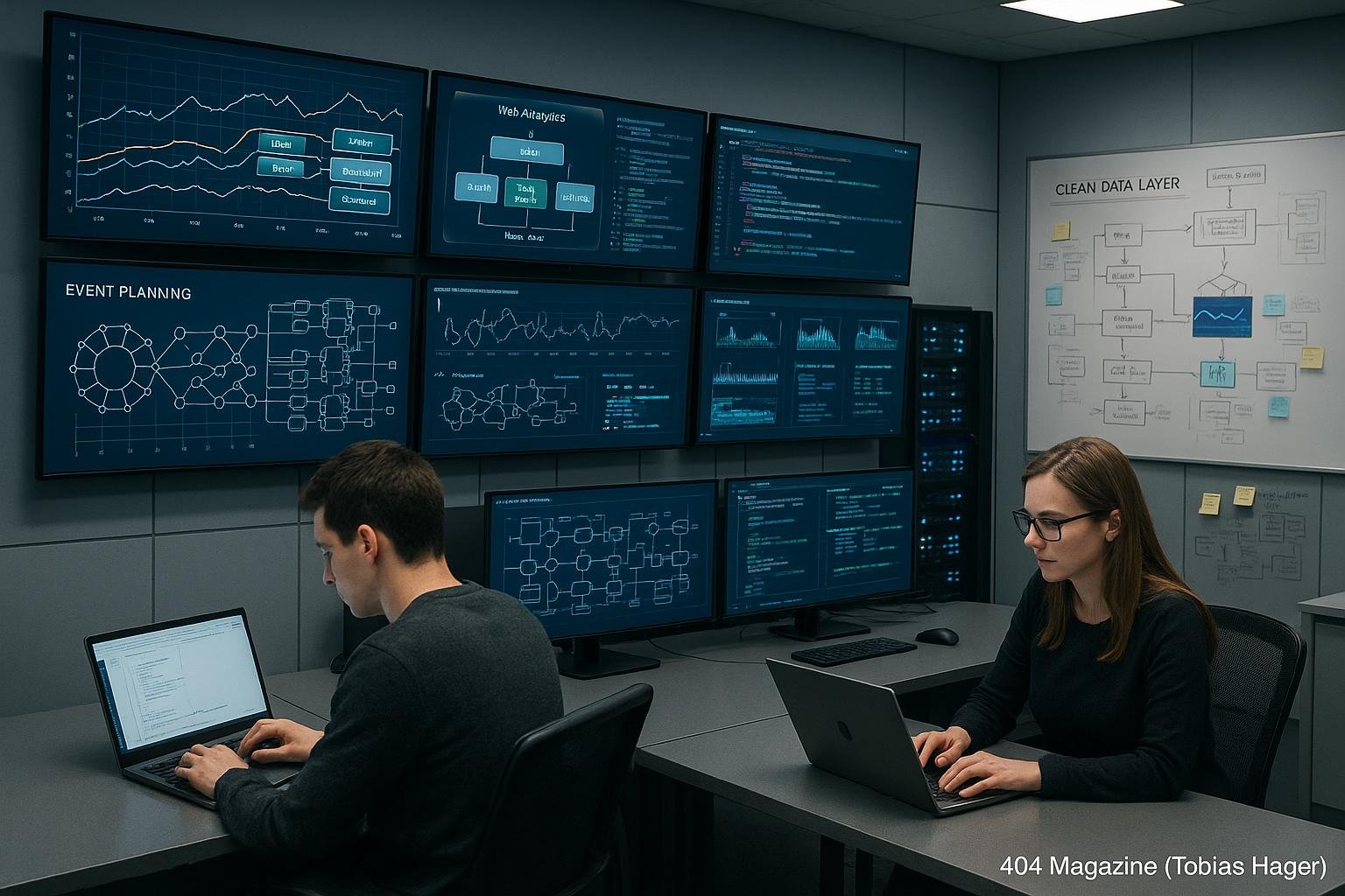 Modernes Control Room für Webanalyse mit mehreren Monitoren, Entwicklern, Marketers und technischer Ausstattung