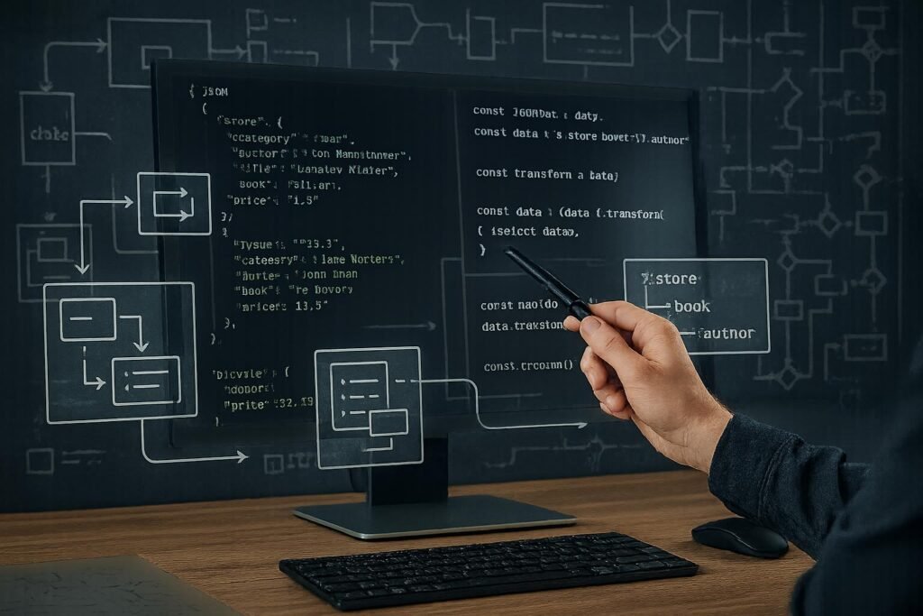 Arbeitsplatz mit Computerbildschirm displaying JSON-Daten, Datenflussdiagrammen und einer Person, die mit einem Stylus Daten punktuell auswählt, um JSON-Transformationen durchzuführen.