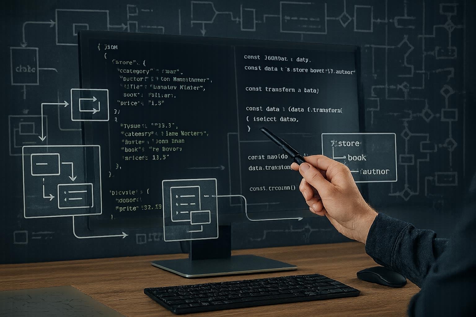 Arbeitsplatz mit Computerbildschirm displaying JSON-Daten, Datenflussdiagrammen und einer Person, die mit einem Stylus Daten punktuell auswählt, um JSON-Transformationen durchzuführen.