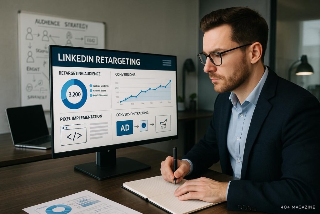 Modernes Büro mit großen Bildschirm, der LinkedIn-Retargeting-Dashboard mit Diagrammen und Zielgruppensegmenten zeigt, während ein Marketing-Experte Notizen macht.
