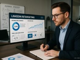 Modernes Büro mit großen Bildschirm, der LinkedIn-Retargeting-Dashboard mit Diagrammen und Zielgruppensegmenten zeigt, während ein Marketing-Experte Notizen macht.