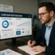 Modernes Büro mit großen Bildschirm, der LinkedIn-Retargeting-Dashboard mit Diagrammen und Zielgruppensegmenten zeigt, während ein Marketing-Experte Notizen macht.