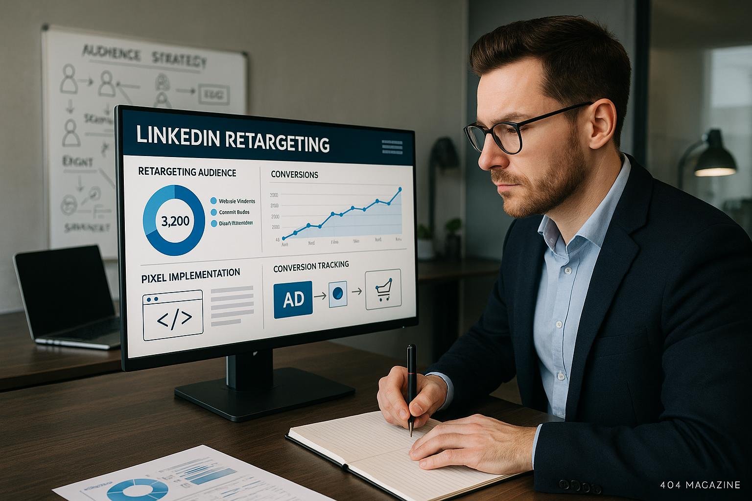 Modernes Büro mit großen Bildschirm, der LinkedIn-Retargeting-Dashboard mit Diagrammen und Zielgruppensegmenten zeigt, während ein Marketing-Experte Notizen macht.