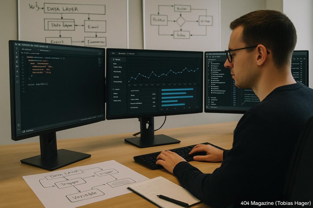 Entwickler vor mehreren Monitoren mit Code-Editoren, Debugging-Tools und Diagrammen zur Data Layer-Architektur im modernen Büro