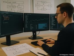 Entwickler vor mehreren Monitoren mit Code-Editoren, Debugging-Tools und Diagrammen zur Data Layer-Architektur im modernen Büro