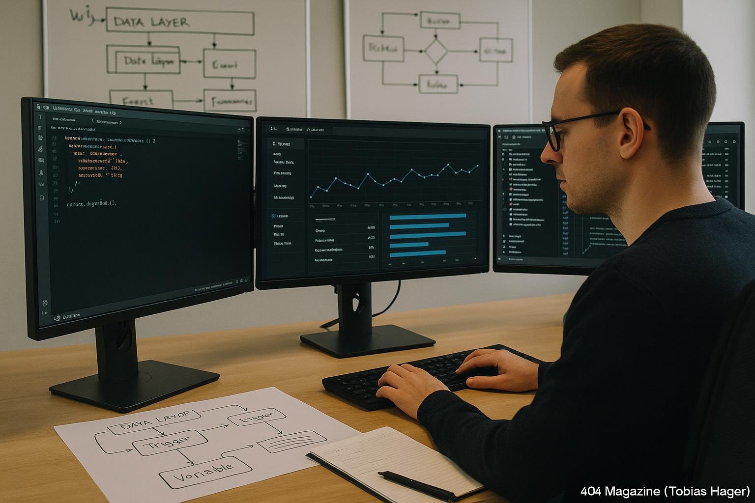 Entwickler vor mehreren Monitoren mit Code-Editoren, Debugging-Tools und Diagrammen zur Data Layer-Architektur im modernen Büro
