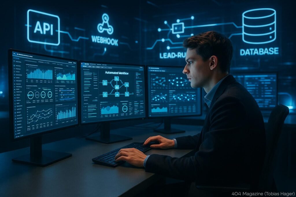 Junger Business-Analyst vor mehreren Monitoren mit Dashboards, holographischen APIs und Datenbanken in einem futuristischen, leuchtenden Arbeitsplatz