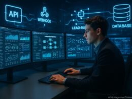 Junger Business-Analyst vor mehreren Monitoren mit Dashboards, holographischen APIs und Datenbanken in einem futuristischen, leuchtenden Arbeitsplatz