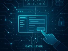 Stilisiertes Netzwerk mit Datenströmen, Webseite, JavaScript-Array und Sicherheitsymbolen in hoch technischer Ästhetik, betont durch leuchtende Linien und Knotenpunkte.