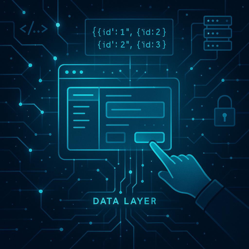 Stilisiertes Netzwerk mit Datenströmen, Webseite, JavaScript-Array und Sicherheitsymbolen in hoch technischer Ästhetik, betont durch leuchtende Linien und Knotenpunkte.