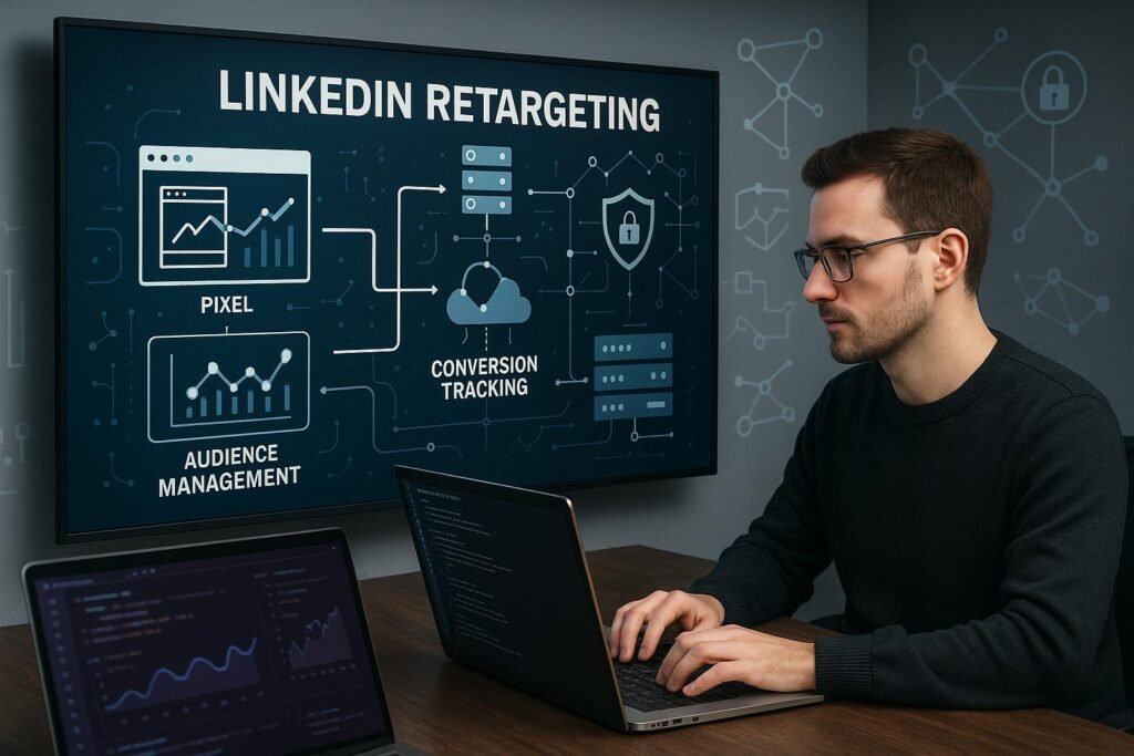 Entwickler arbeitet an einem Laptop in einem modernen Büro mit Digitalgrafen, Code-Snippets und Netzwerk-Icons zur Visualisierung von LinkedIn Retargeting und Datenanalyse.