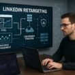 Entwickler arbeitet an einem Laptop in einem modernen Büro mit Digitalgrafen, Code-Snippets und Netzwerk-Icons zur Visualisierung von LinkedIn Retargeting und Datenanalyse.