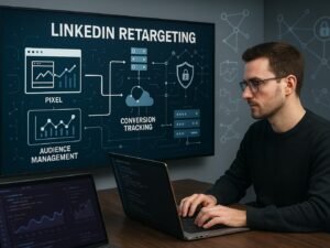 Entwickler arbeitet an einem Laptop in einem modernen Büro mit Digitalgrafen, Code-Snippets und Netzwerk-Icons zur Visualisierung von LinkedIn Retargeting und Datenanalyse.