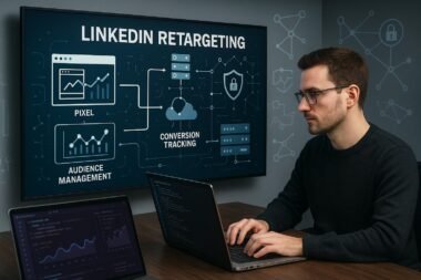Entwickler arbeitet an einem Laptop in einem modernen Büro mit Digitalgrafen, Code-Snippets und Netzwerk-Icons zur Visualisierung von LinkedIn Retargeting und Datenanalyse.
