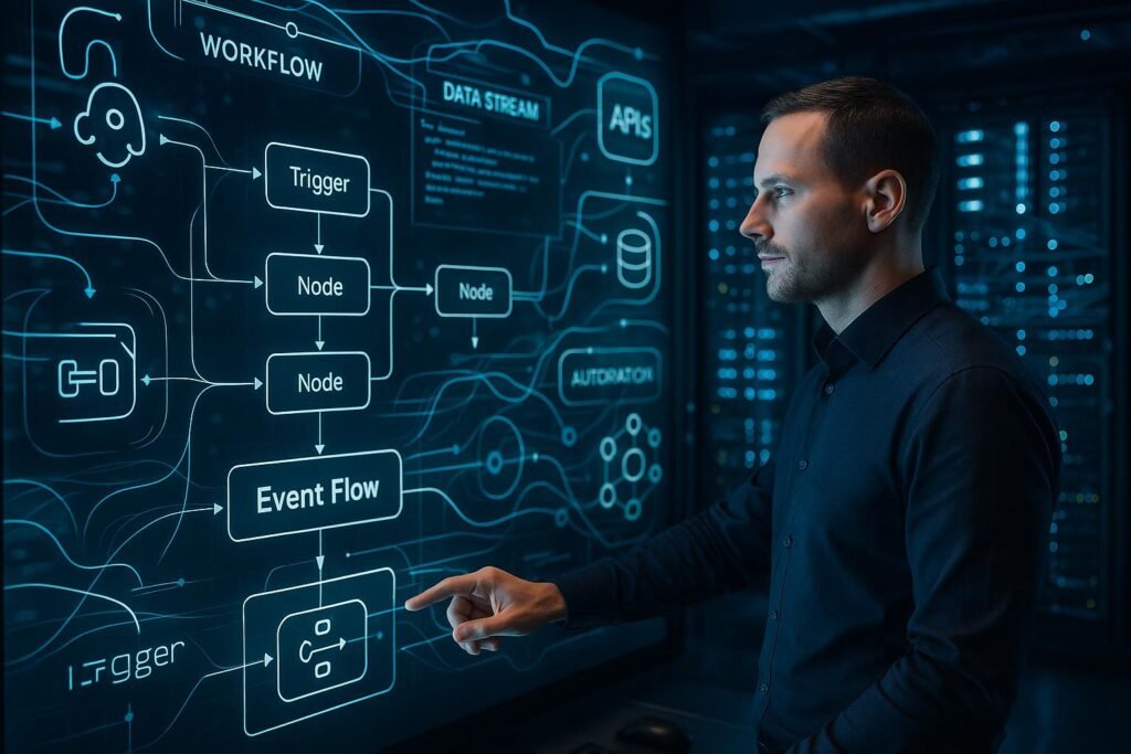 Moderner Arbeitsplatz mit digitalen Bildschirmen, Touchscreen-Interface, Webhook-, Datenbank- und API-Symbolen vor einem Serverraum