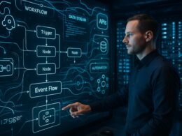 Moderner Arbeitsplatz mit digitalen Bildschirmen, Touchscreen-Interface, Webhook-, Datenbank- und API-Symbolen vor einem Serverraum