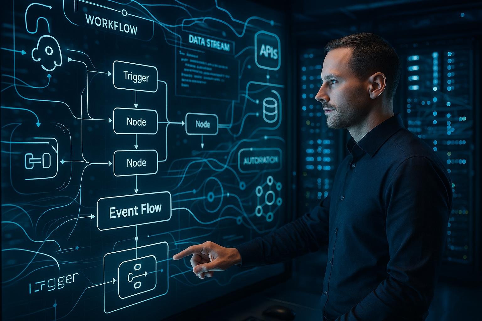 Moderner Arbeitsplatz mit digitalen Bildschirmen, Touchscreen-Interface, Webhook-, Datenbank- und API-Symbolen vor einem Serverraum