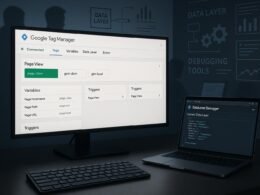 Moderner Arbeitsplatz mit großem Bildschirm im Google Tag Manager Vorschau-Modus und DataLayer Debugger, Webentwickler im Hintergrund, technische Diagramme an der Wand