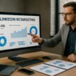 Professioneller Marketer analysiert Daten an einem modernen Arbeitsplatz mit Laptop, Smartphone und Notizblock, während er auf den LinkedIn Retargeting Dashboard Bildschirm zeigt.