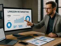 Professioneller Marketer analysiert Daten an einem modernen Arbeitsplatz mit Laptop, Smartphone und Notizblock, während er auf den LinkedIn Retargeting Dashboard Bildschirm zeigt.
