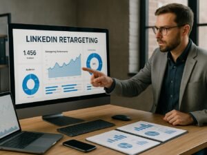 Professioneller Marketer analysiert Daten an einem modernen Arbeitsplatz mit Laptop, Smartphone und Notizblock, während er auf den LinkedIn Retargeting Dashboard Bildschirm zeigt.
