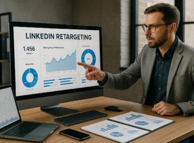 Professioneller Marketer analysiert Daten an einem modernen Arbeitsplatz mit Laptop, Smartphone und Notizblock, während er auf den LinkedIn Retargeting Dashboard Bildschirm zeigt.