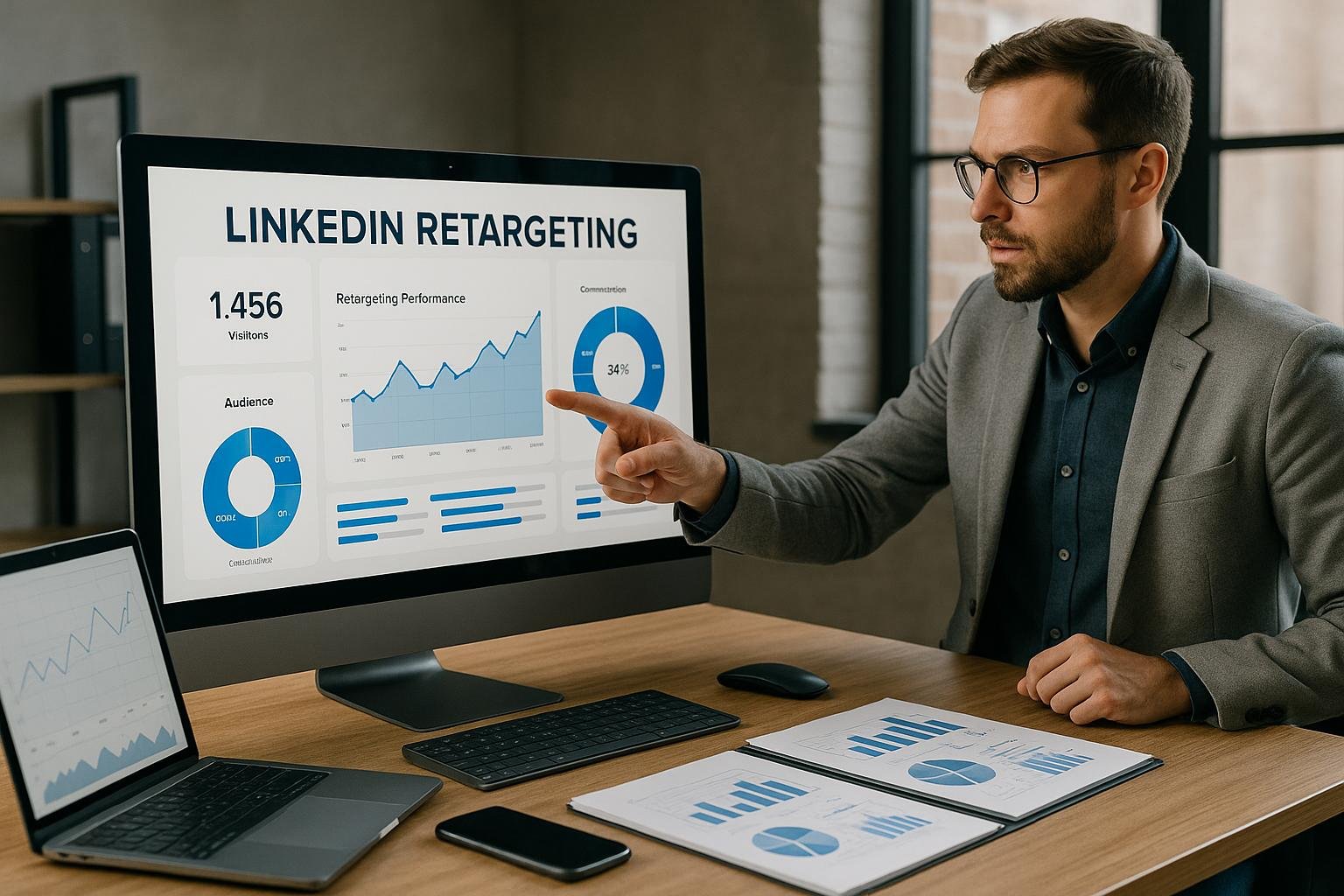 Professioneller Marketer analysiert Daten an einem modernen Arbeitsplatz mit Laptop, Smartphone und Notizblock, während er auf den LinkedIn Retargeting Dashboard Bildschirm zeigt.