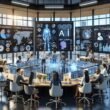 Futuristisches Marketingbüro im Jahr 2025 mit digitaler Anzeige, holographischer Schnittstelle und KI-gestützten Teamarbeitsprozessen