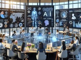 Futuristisches Marketingbüro im Jahr 2025 mit digitaler Anzeige, holographischer Schnittstelle und KI-gestützten Teamarbeitsprozessen
