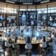 Futuristisches Marketingbüro im Jahr 2025 mit digitaler Anzeige, holographischer Schnittstelle und KI-gestützten Teamarbeitsprozessen