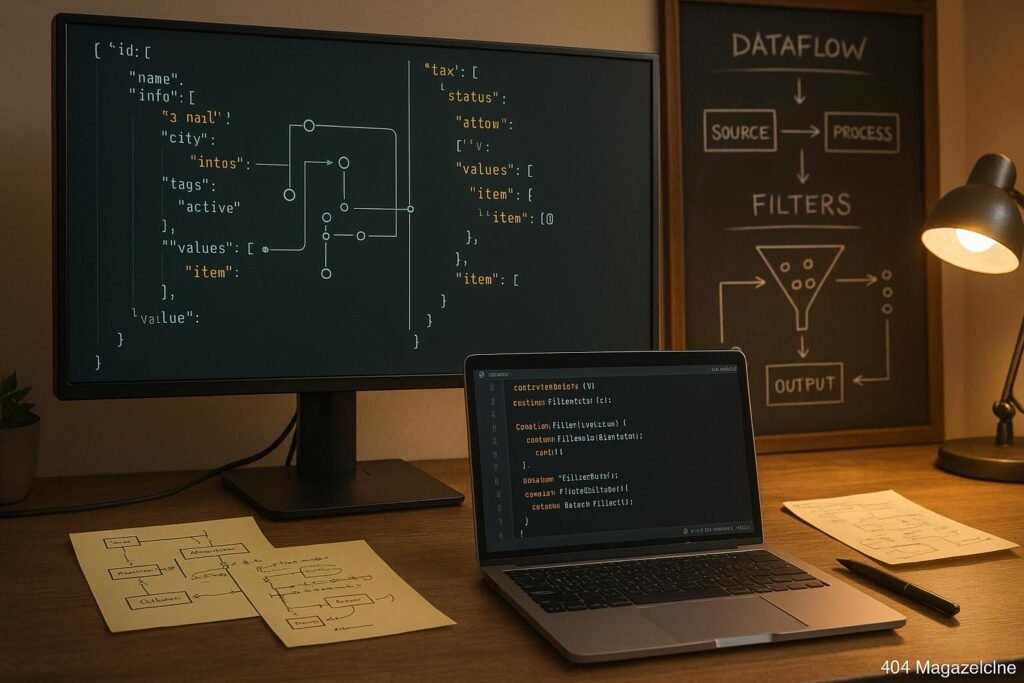 Ein technisches Arbeitszimmer mit Monitoren, JSON-Datenstruktur, JavaScript-Code auf Laptop und Notizzetteln, im Hintergrund Diagramme und Wärmequellen, vermittelt Fachwissen und Präzision.