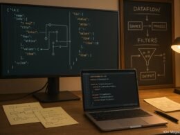 Ein technisches Arbeitszimmer mit Monitoren, JSON-Datenstruktur, JavaScript-Code auf Laptop und Notizzetteln, im Hintergrund Diagramme und Wärmequellen, vermittelt Fachwissen und Präzision.