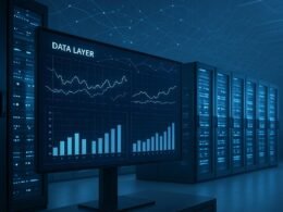 Futuristischer Serverraum mit leuchtenden Serverracks, digitalen Monitoring-Dashboards und schemenhaften Datenlinien, die das Data Layer symbolisieren.