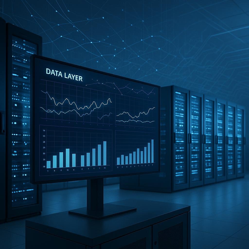 Futuristischer Serverraum mit leuchtenden Serverracks, digitalen Monitoring-Dashboards und schemenhaften Datenlinien, die das Data Layer symbolisieren.