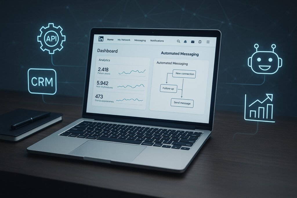 Moderner Arbeitsplatz mit Laptop, der LinkedIn-Analyse, Automatisierungs-Workflows und digitale Icons für API-Integrationen, CRM, Chatbots und Datenvisualisierung darstellt, um fortschrittliche LinkedIn-Automatisierung zu veranschaulichen.