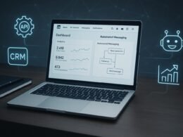 Moderner Arbeitsplatz mit Laptop, der LinkedIn-Analyse, Automatisierungs-Workflows und digitale Icons für API-Integrationen, CRM, Chatbots und Datenvisualisierung darstellt, um fortschrittliche LinkedIn-Automatisierung zu veranschaulichen.